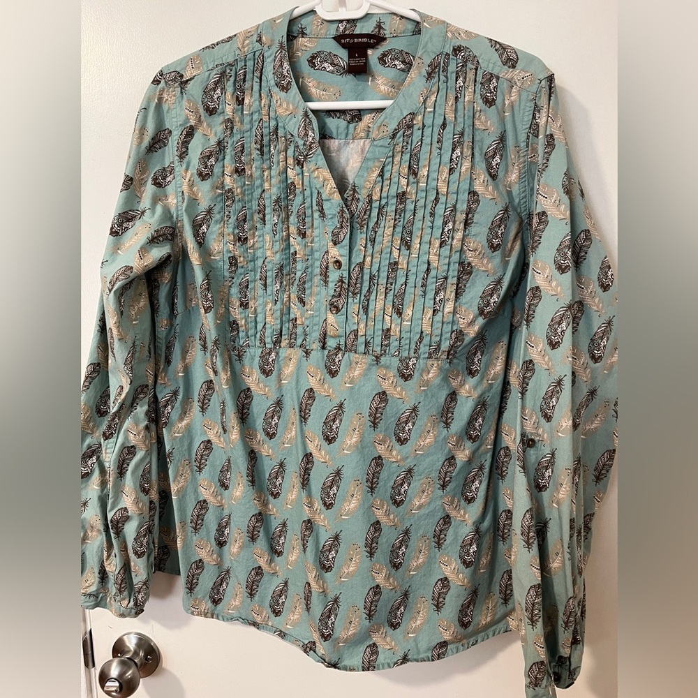 Bit & Bridle Teal Feather Pattern Blouse
